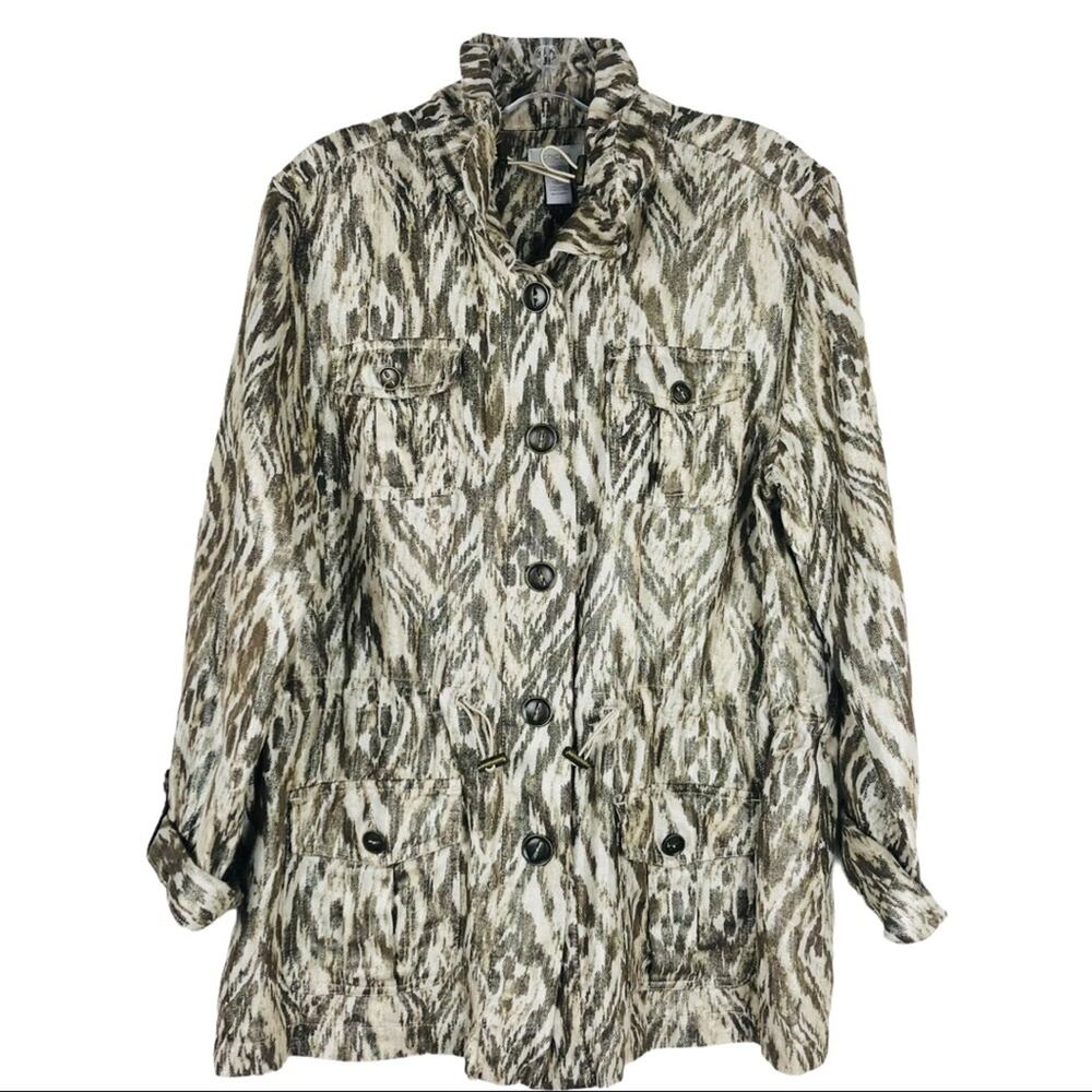Chico’s brown cream linen metallic animal print jacket medium